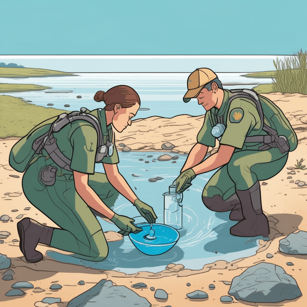 a marine biologist kneels by the water's edge, dipping a testing device into the murky water while her colleague watches closely. She pulls up the device and examines the readings with a focused expression. The water around them shows clear signs of being neither fully fresh nor fully salty, with different colored streams swirling together. Her colleague points toward the mixing currents where river water flows into the tidal area. Salt-tolerant plants grow along the waterline while both freshwater reeds and seaweed are visible nearby. water that is slightly salty from the mixture of river water and seawater