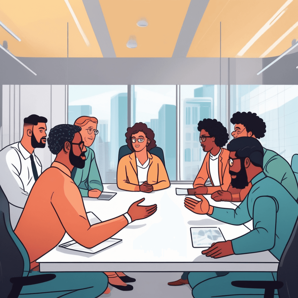 five diverse colleagues lean forward around a conference table, gesturing excitedly with their hands. Papers and notebooks are scattered across the table as they speak rapidly and build on each other's suggestions. One person stands up pointing at invisible concepts in the air while others nod enthusiastically. The energy in the room is electric as ideas flow freely between team members. Everyone talks at once, creating a whirlwind of creative collaboration. Their faces show intense concentration mixed with sudden bursts of inspiration. a spontaneous group discussion to produce ideas in an energetic brainstorming session
