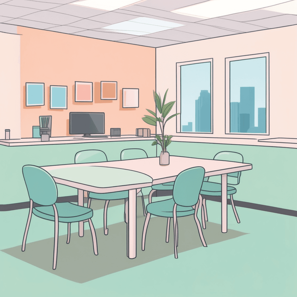 a room in a workplace where employees can relax, eat meals, and take breaks