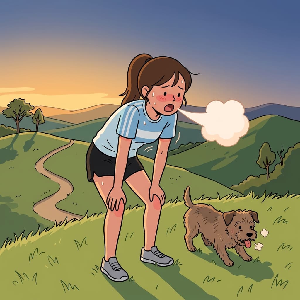 After sprinting up the hill, she paused to catch her breath at the summit.