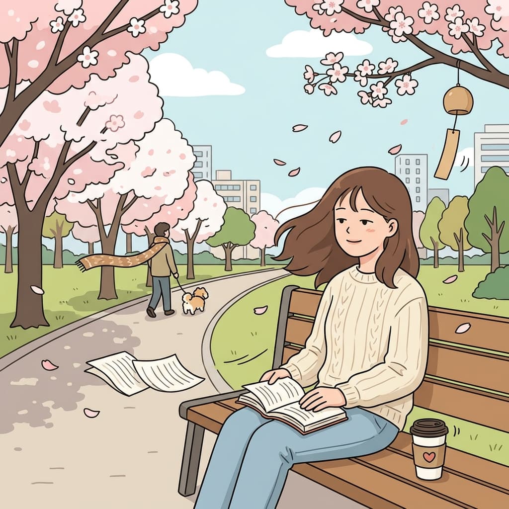 A gentle breeze ruffles her hair as she reads on the park bench.