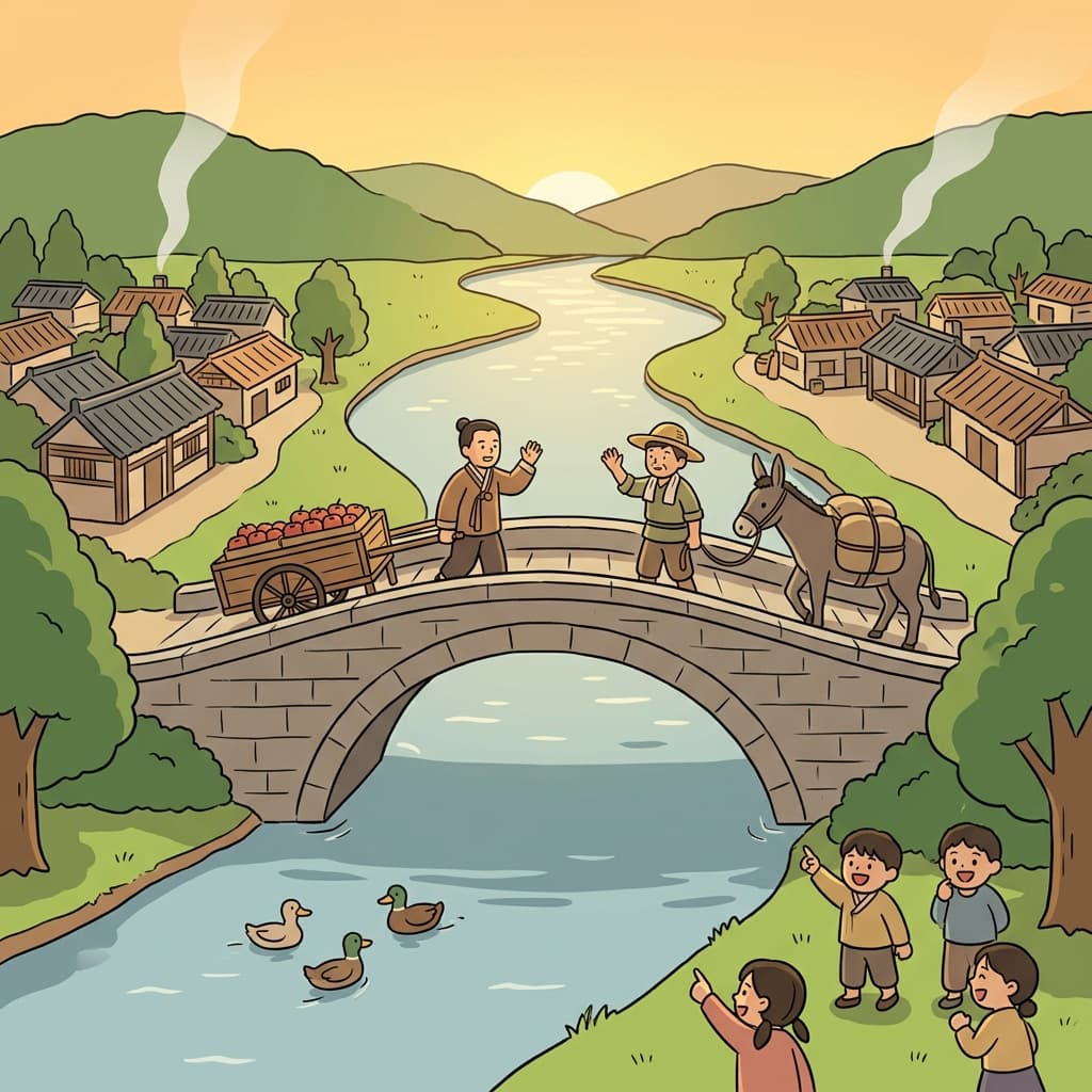 A stone bridge connects two villages across a wide river at sunset.