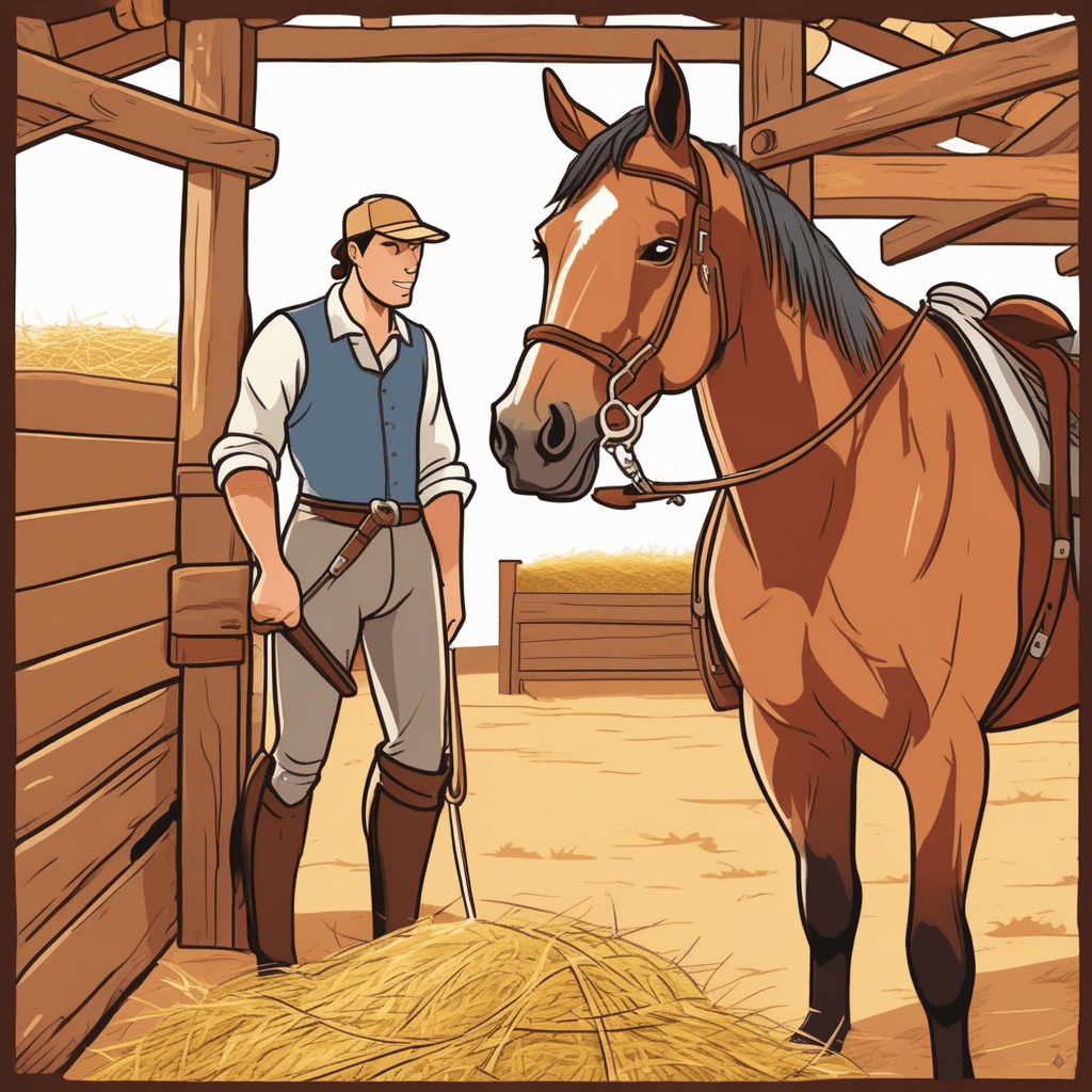 an experienced rider carefully places leather straps around a brown horse's head and adjusts the metal bit in its mouth. The horse stands calmly as the complete headgear system is fitted properly. The leather reins connect to the bit, giving the rider clear control over the horse's direction. When the rider gently pulls the reins, the horse responds by turning its head accordingly. A stable hand nearby nods approvingly at the proper equipment setup. Other horses in background stalls wear similar headgear arrangements. the headgear used to control a horse, consisting of straps that go around the head and a bit that goes in the mouth