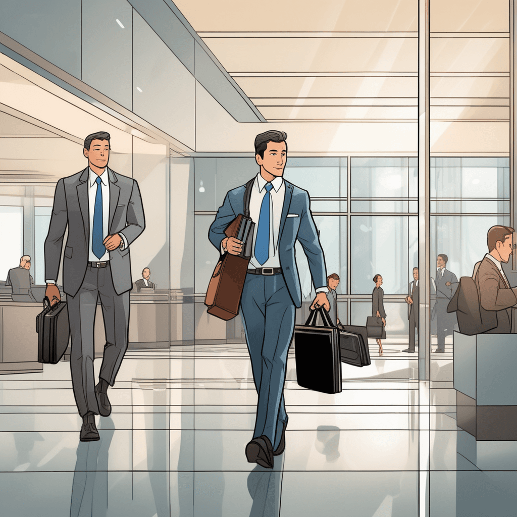 a well-dressed businessman in a suit carefully carries a sleek black briefcase by its handle. He walks confidently through the lobby while gripping the flat rectangular container firmly. The briefcase appears sturdy and professional, designed specifically for transporting important papers and documents. As he moves, other office workers around him carry similar business cases and folders. A receptionist at the front desk organizes her own stack of business documents. a flat, rectangular container with a handle being used for carrying business documents