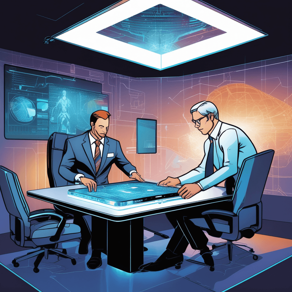 Documents from his briefcase merge with the digital interface!