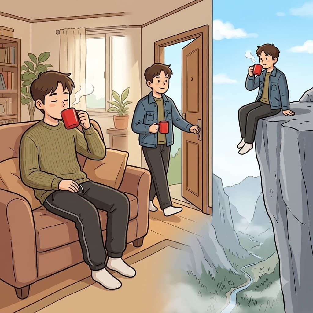 Holding his hot coffee drink, the fearless man sat calmly on the extreme brink of the massive cliff.