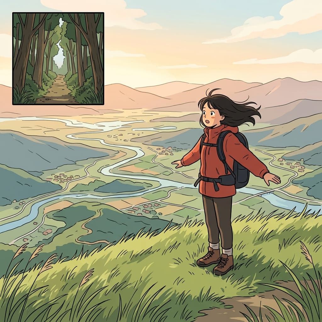 She needed a broader view, so she climbed higher to see the whole valley.