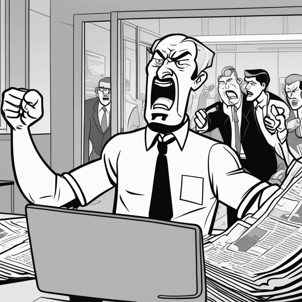 an furious newspaper editor stands behind his desk pointing aggressively at cowering reporters. His mouth is wide open mid-shout with visible anger lines radiating from his face. The reporters step backward with shocked expressions as harsh words hit them like physical blows. Papers scatter across the desk from the force of his passionate argument. Other staff members in the background cover their ears and duck for cover. Some workers peek around cubicle walls watching the explosive confrontation unfold. a fierce attack in words hitting its targets with devastating force
