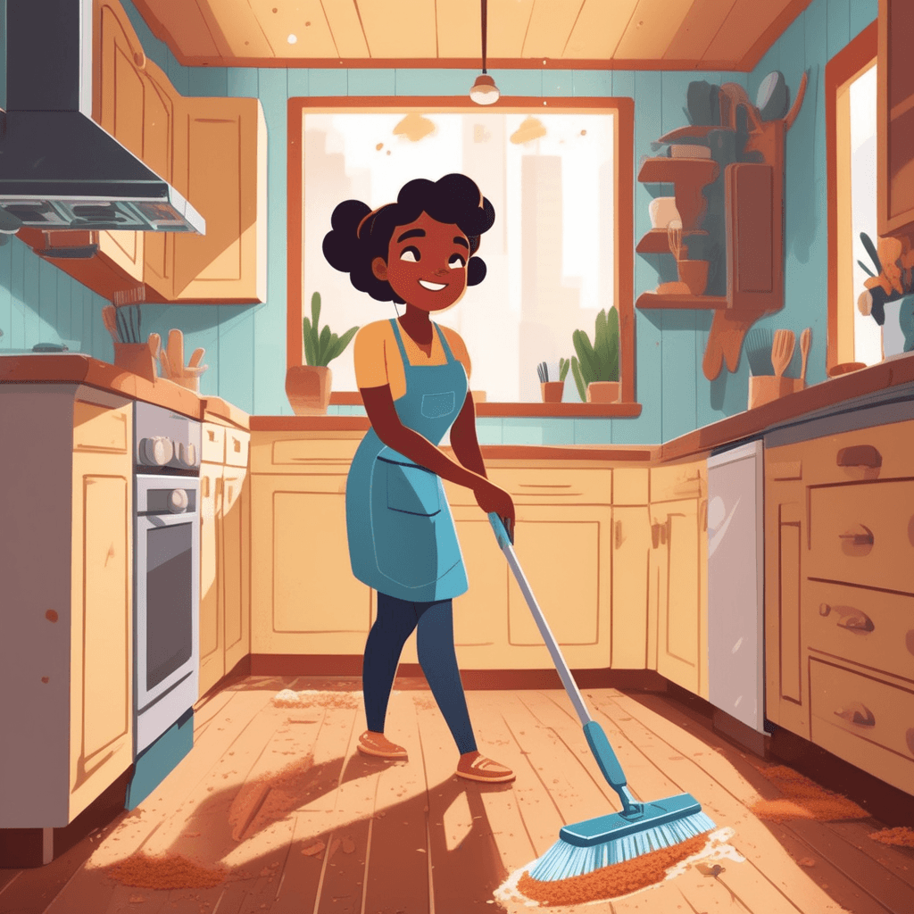 a cheerful woman grips a long wooden handle attached to bundled bristles at the bottom. She pushes the bristled end across the floor in smooth sweeping motions. The bristles gather up crumbs, dust, and small pieces of debris as they move. Piles of collected dirt form neat lines where the bristles have passed. A small child watches nearby, learning how the cleaning tool works. A cat jumps away from the sweeping path as more debris gets collected. a brush with a long handle being used for sweeping floors