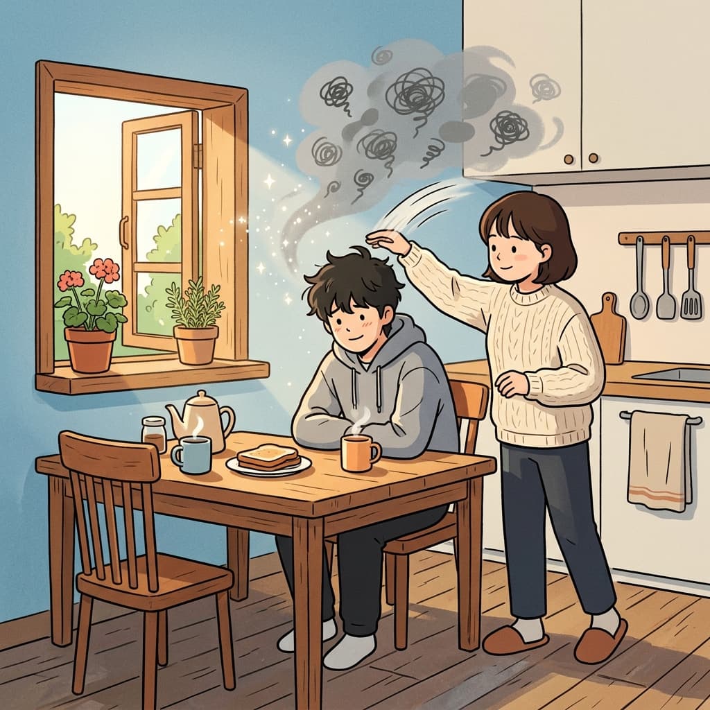 She tried to brush away his worries with a warm smile and a soft pat.