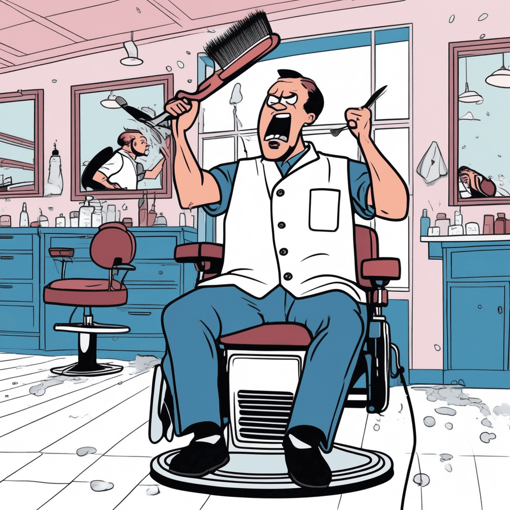 Gruff barber snaps 'BRUSH QUICK!' - brusque and abrupt service!