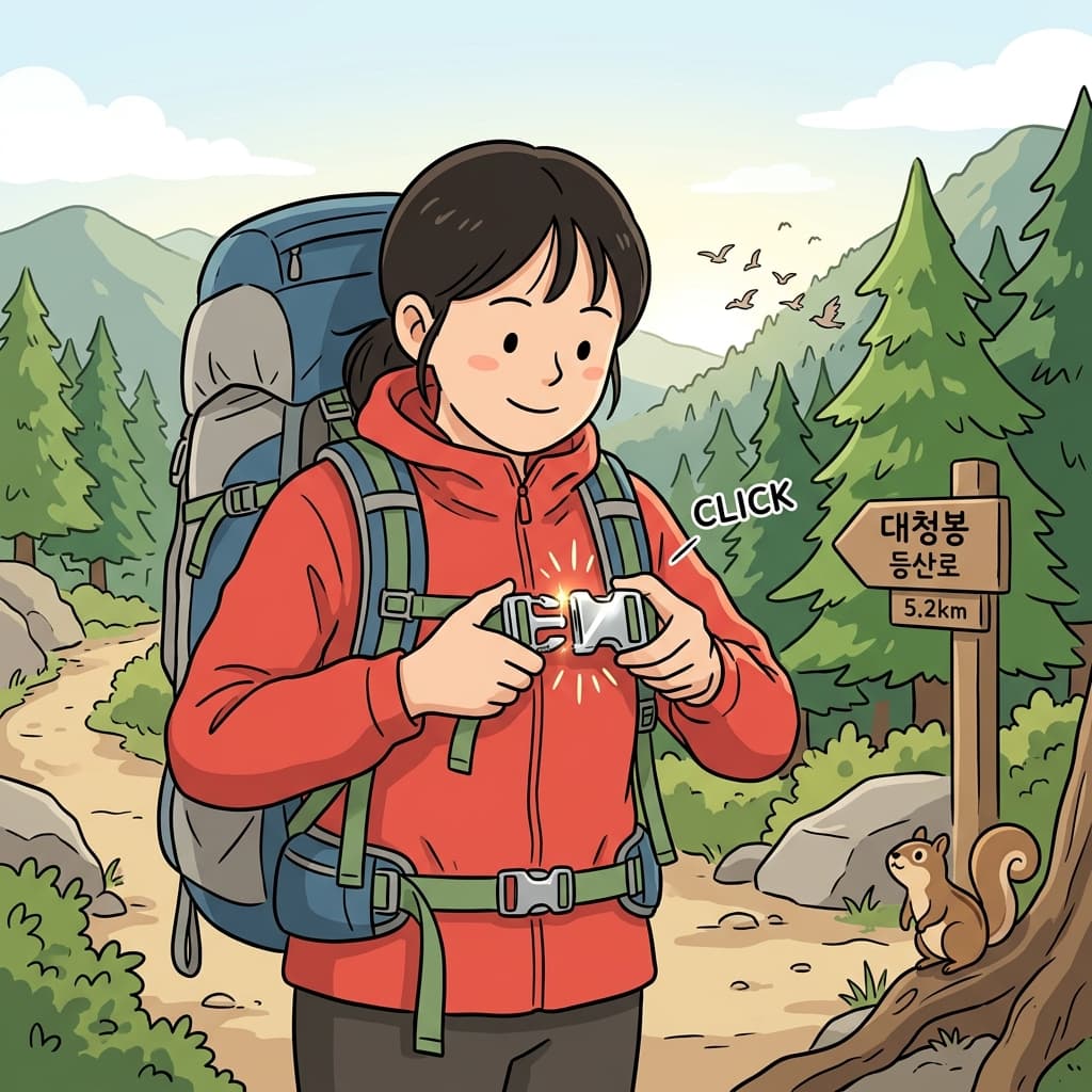 She tightens the buckle on her backpack before the long hike.
