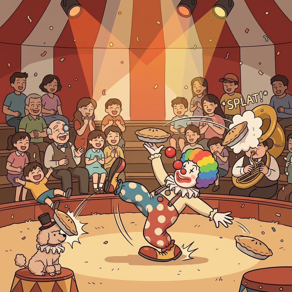 The clown's buffoonery had the entire circus tent roaring with laughter.