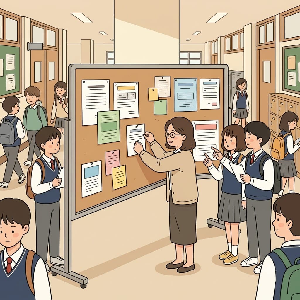 The bulletin board was covered with notices, schedules, and announcements for everyone in the building.