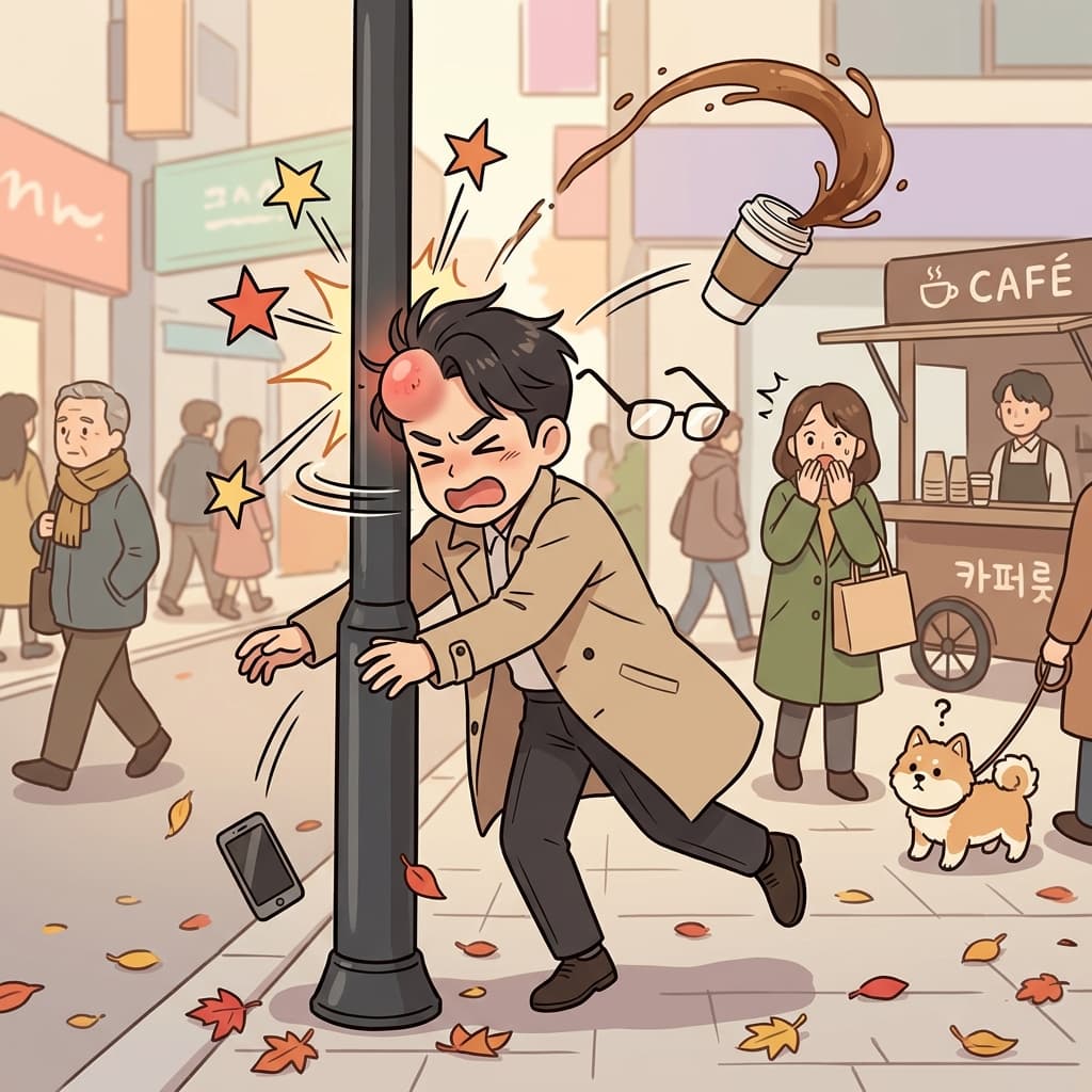 He didn't see the pole and bump — right into it, coffee flying everywhere.