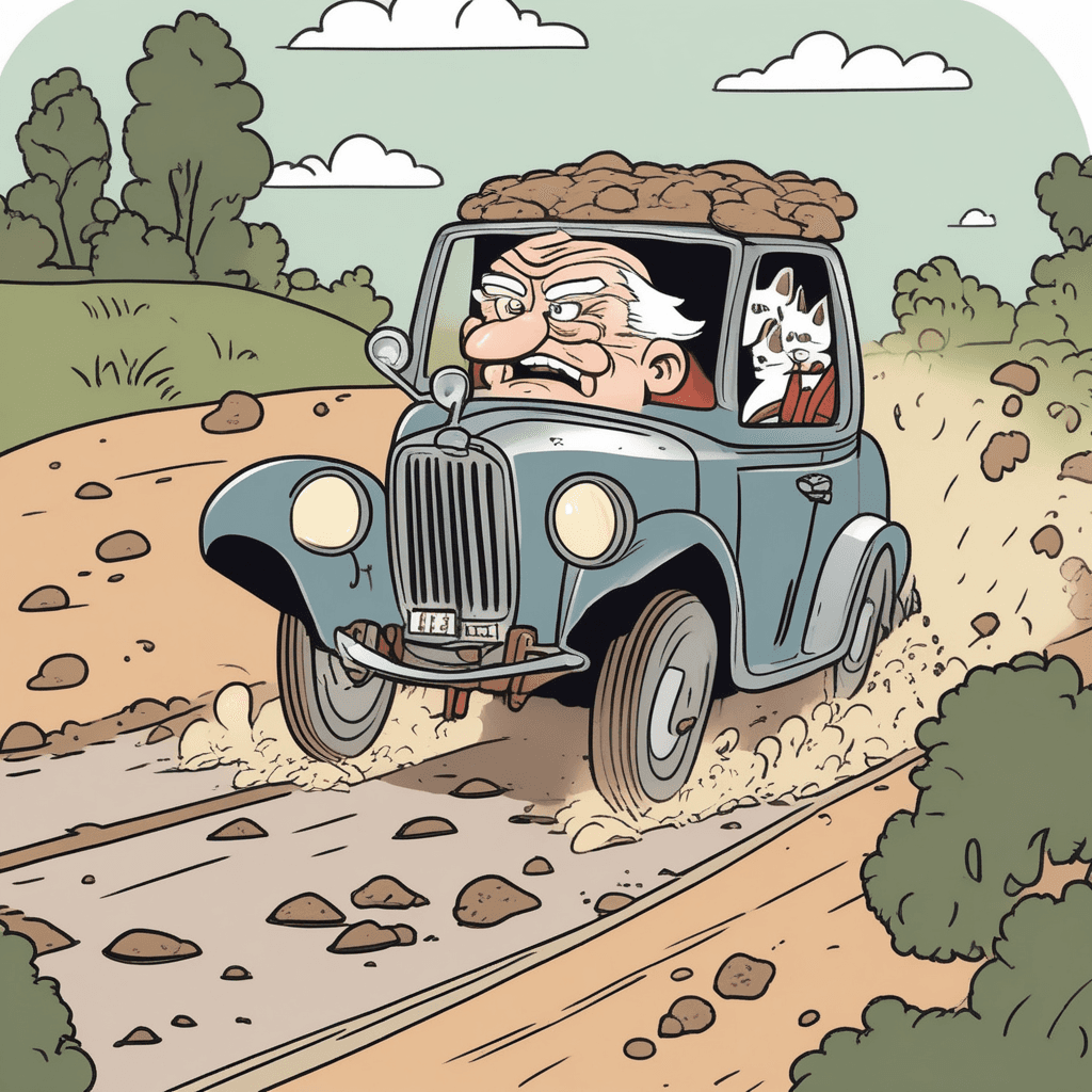 On the bumpy road, a grumpy driver and his jumpy cat bounce along!