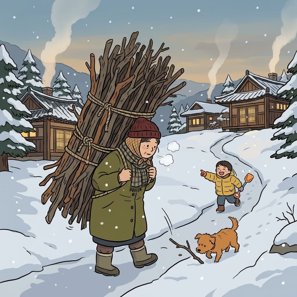 She carried a heavy bundle of firewood on her back through the snowy village.