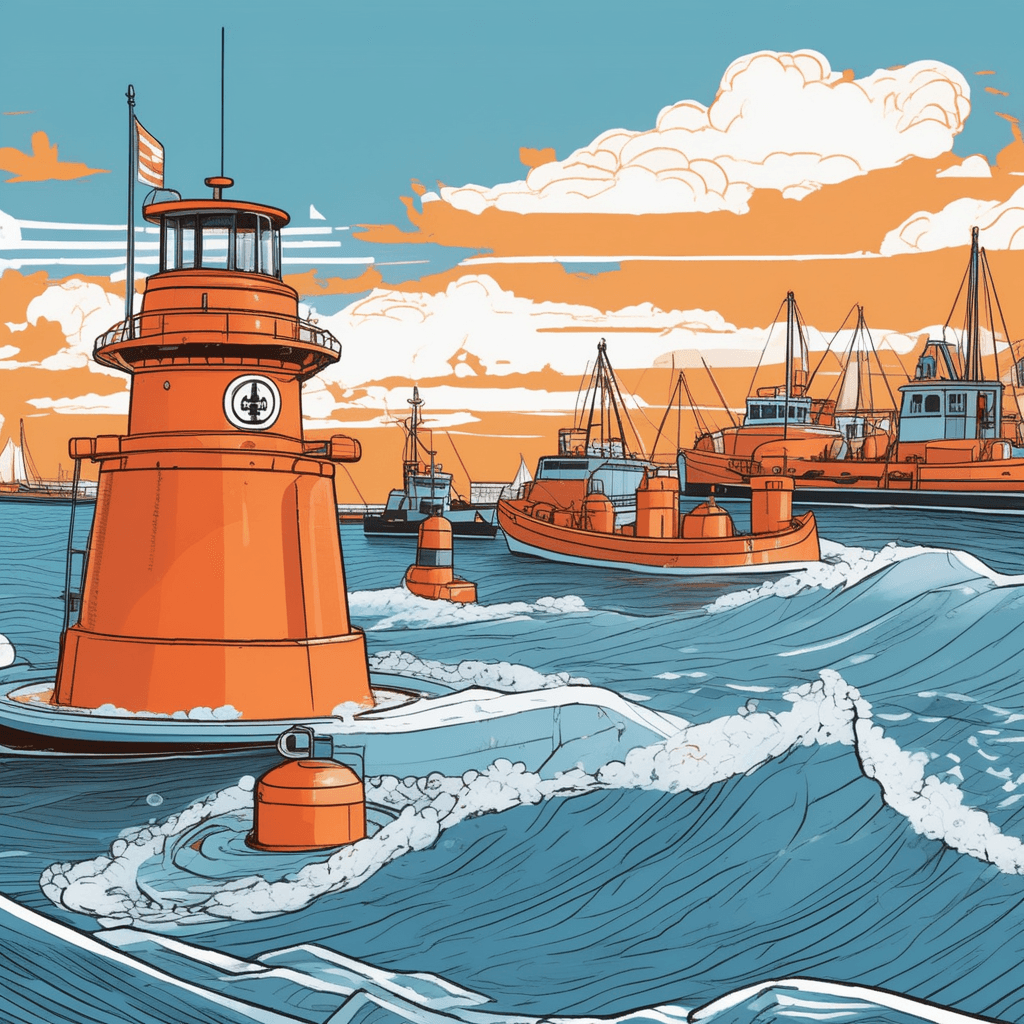 a large orange cylindrical buoy bobs up and down on choppy blue waves, clearly marking the safe channel entrance. A small fishing boat carefully steers around the buoy, following the marked waterway. The buoy's bright color and strategic position guide the boat captain away from dangerous shallow areas. A second sailboat in the distance also uses the buoy as a reference point for safe navigation. The harbor master on a nearby dock watches vessels using the floating markers to enter the port safely. a floating marker anchored to indicate location and guide water traffic safely through channels
