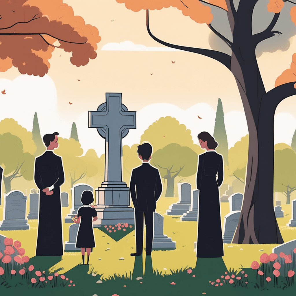 a family of three places fresh flowers on a gravestone while bowing their heads respectfully. The father gently guides his young daughter as she sets down a small bouquet. Behind them, rows of weathered headstones stretch across the grassy hillside beneath ancient trees. Another visitor in the distance tends to a different grave site with similar reverence. an area of land where dead bodies are buried, serving as a cemetery for remembrance. Style: High-quality 2D vector cartoon illustration with bold outlines and warm emotional detail. Color palette: soft earth tones and gentle greens contrasted with bright white flowers and clothing. High resolution 1:1 square composition The main subject must fill most of the frame Avoid empty background areas STRICT NO TEXT RULE Absolutely no text anywhere No letters No numbers No logos No labels No signage Replace any text areas with blank surfaces