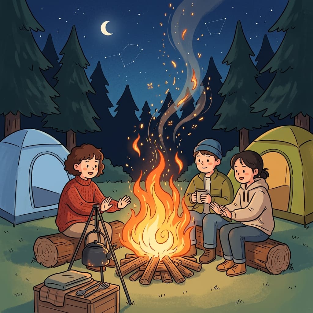 The campers watched the dry logs burn brightly in the cold mountain night.