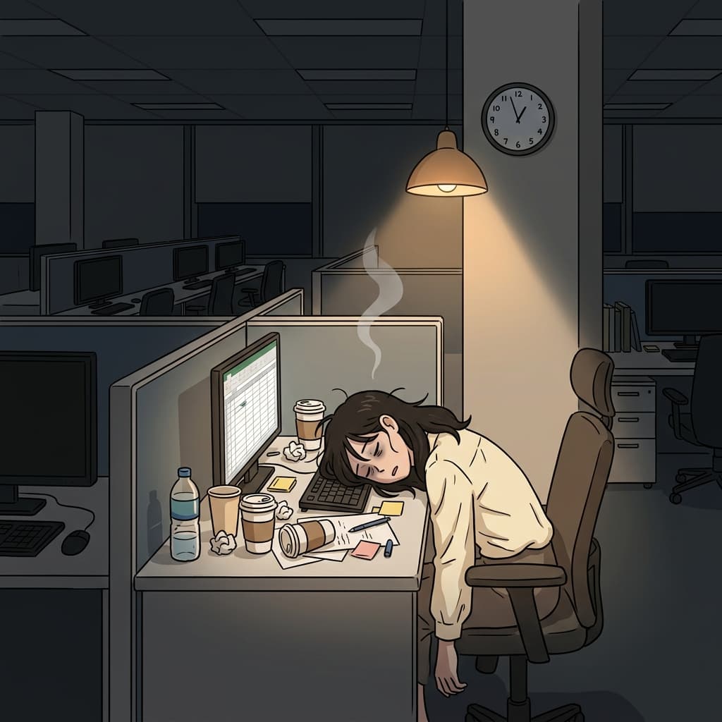 After months of overtime, she felt completely burned out at her desk.