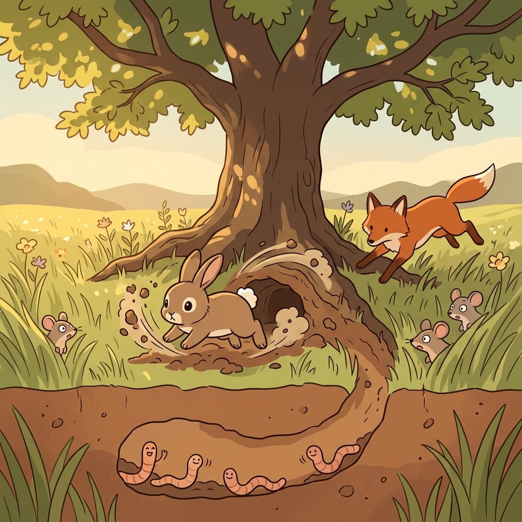 The rabbit digs a deep burrow under the old oak tree to escape the fox.