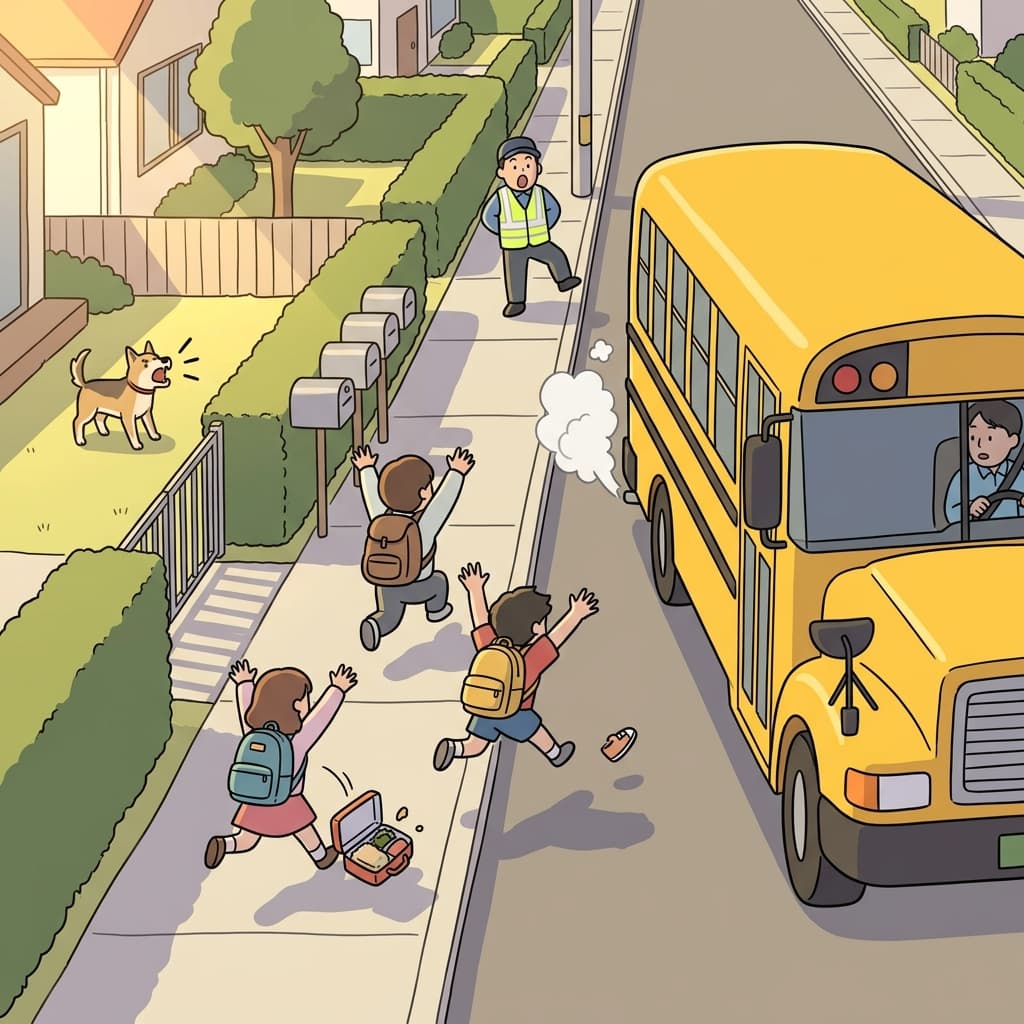 Kids race to catch the yellow school bus before it pulls away.