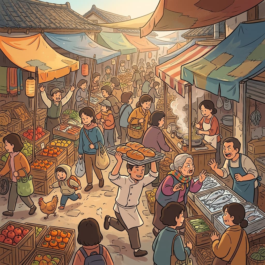 The morning market is full of bustle as vendors shout and shoppers rush past.