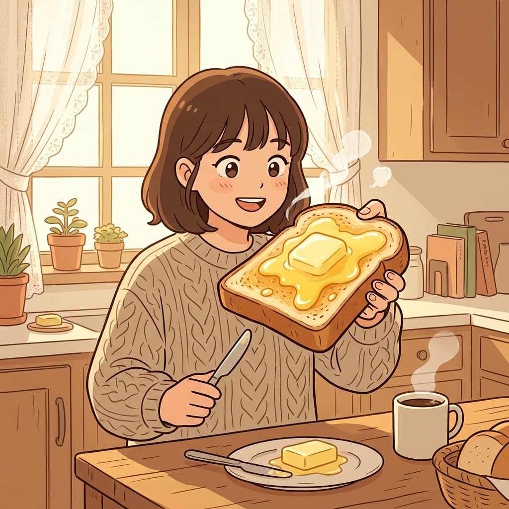 She spreads butter on warm toast for a cozy breakfast.