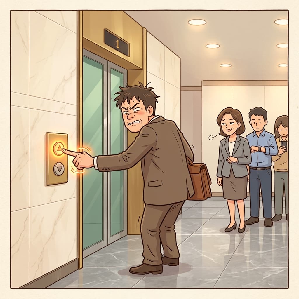 He pressed the elevator button three times, hoping it would arrive faster.