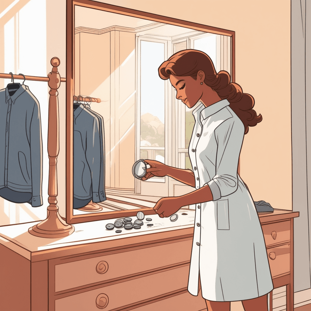 a young professional stands in front of a mirror carefully threading buttons through buttonholes on a crisp white dress shirt. Their fingers work methodically from bottom to top, securing each button in place. The shirt transforms from hanging open to neatly closed as more buttons get fastened. A roommate sits on the bed nearby, also getting ready for work by putting on shoes. The morning routine continues peacefully around them as both prepare for their day. the action of fastening a shirt by putting buttons through buttonholes