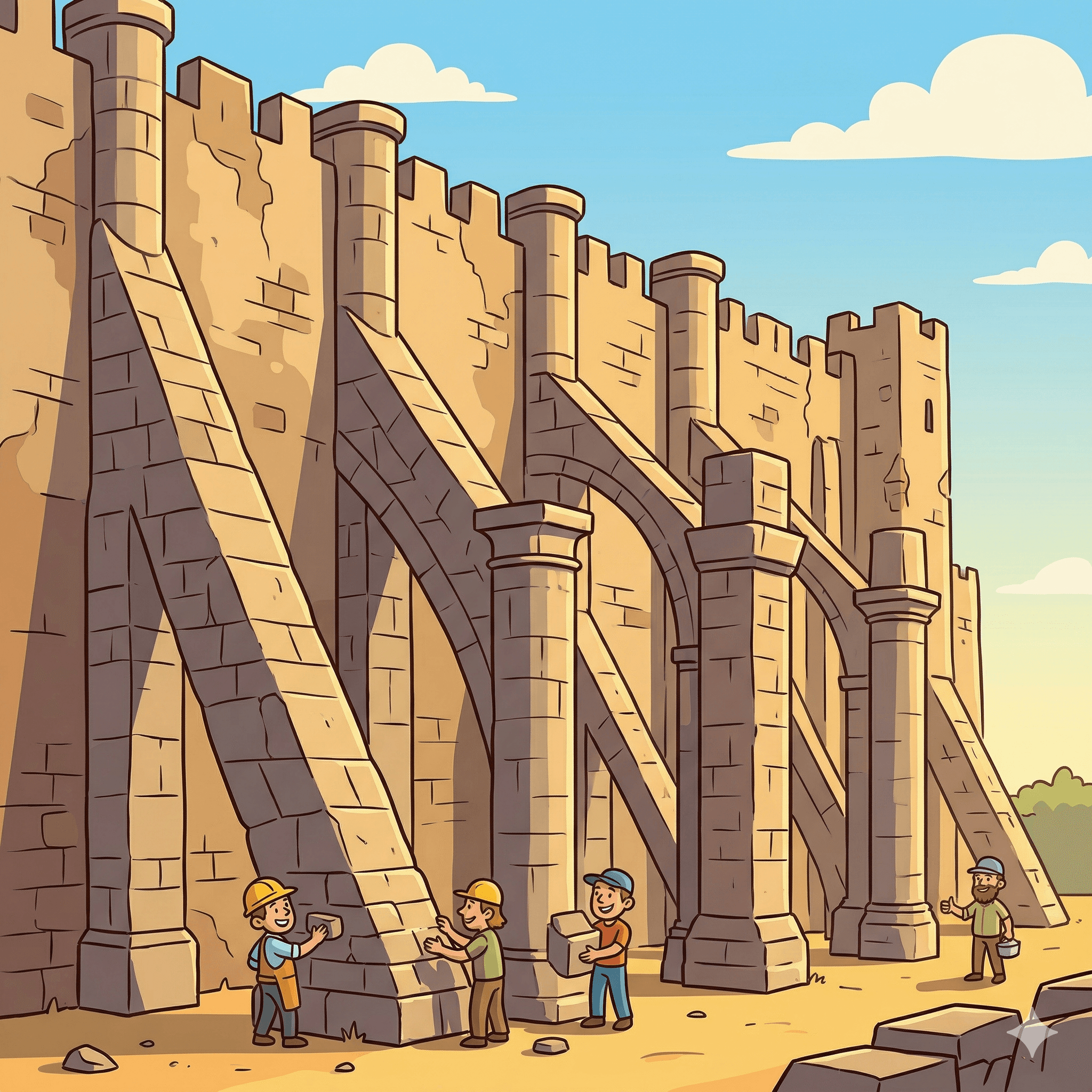 A series of stone columns stand as strong buttresses, reinforcing the tall walls of an ancient fortress.