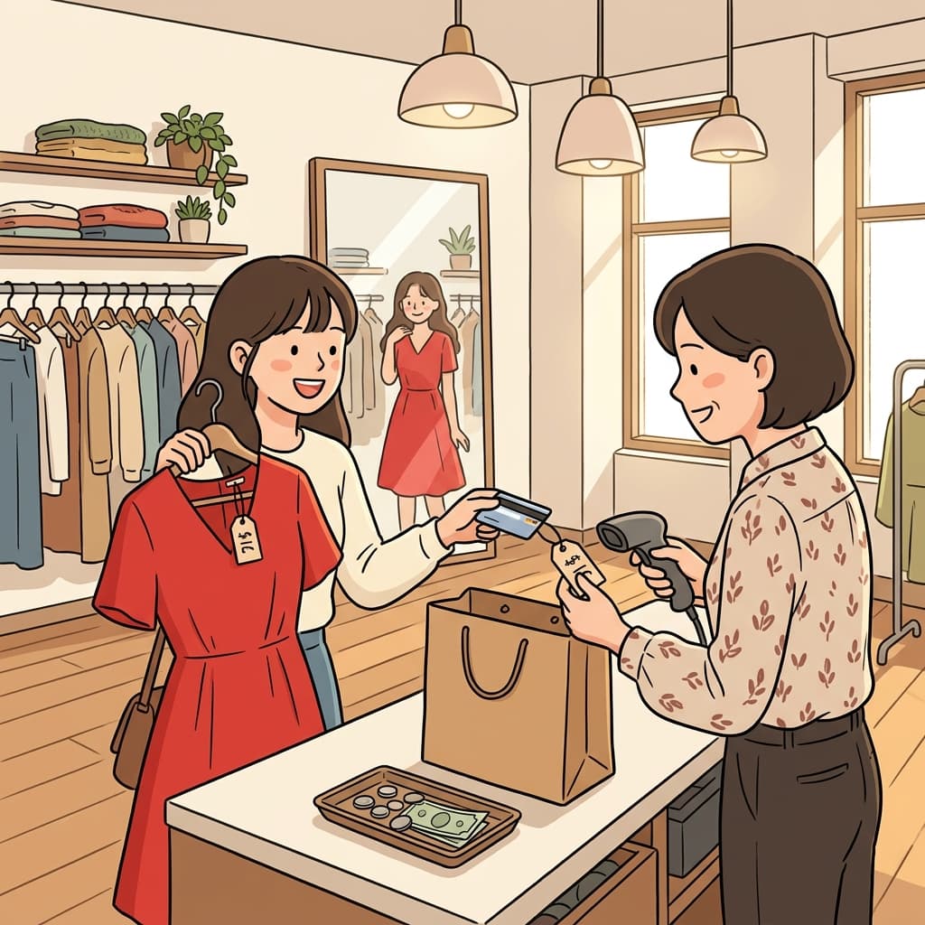She decides to buy the red dress after trying it on twice.