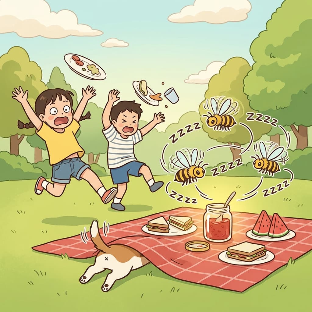 Bees buzz around the picnic table as the kids shriek and run.