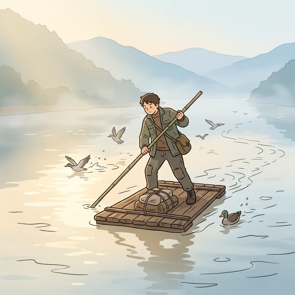He crossed the wide river by means of a small wooden raft.