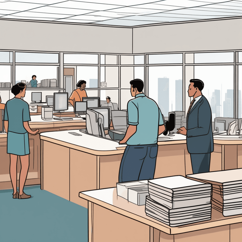 a bewildered person holds a thick stack of forms while standing at a service counter. The office worker points them toward another window across the room for additional paperwork. Behind the citizen, a maze-like arrangement of rope barriers creates a winding path between different service stations. Multiple other people wait in various lines, each holding different colored forms and folders. Office workers at different windows direct people to yet more locations throughout the complex space. an excessively complicated system involving a great deal of administrative detail