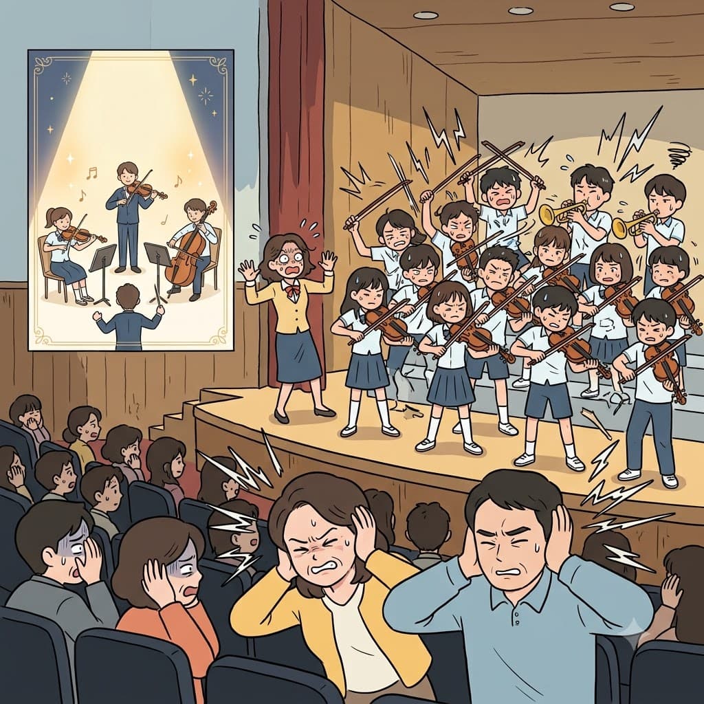 Expecting a beautiful symphony, the parents covered their ears at the students' terrible cacophony.