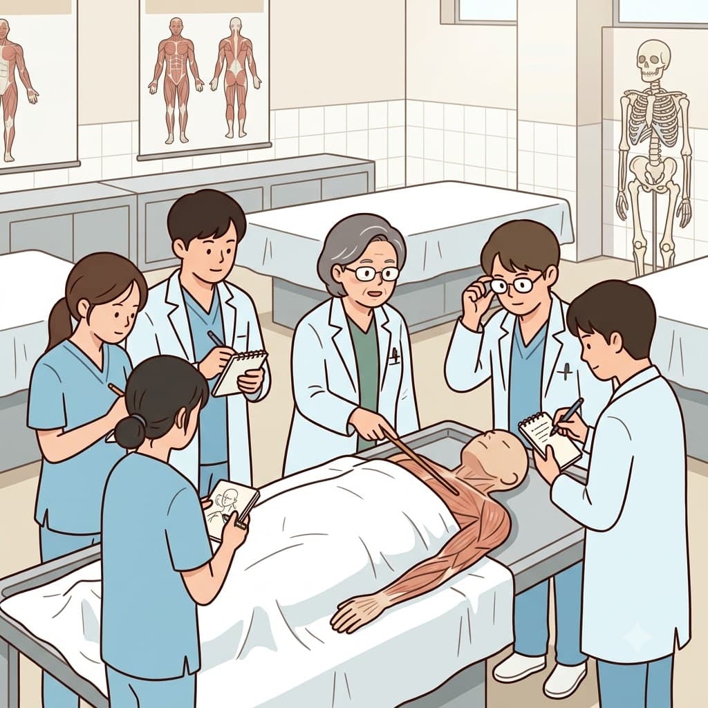 The medical students carefully studied a cadaver during their anatomy class.