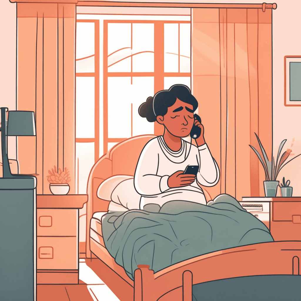 a person sits on the edge of their bed holding a phone to their ear, looking visibly unwell with flushed cheeks and tired eyes. The person speaks into the phone while holding their forehead with their free hand. On the other end, we can see a small thought bubble showing their concerned boss at an office desk listening. The boss nods understandingly while looking at a work schedule on the desk. someone telephoning their workplace to say they are ill and cannot come to work