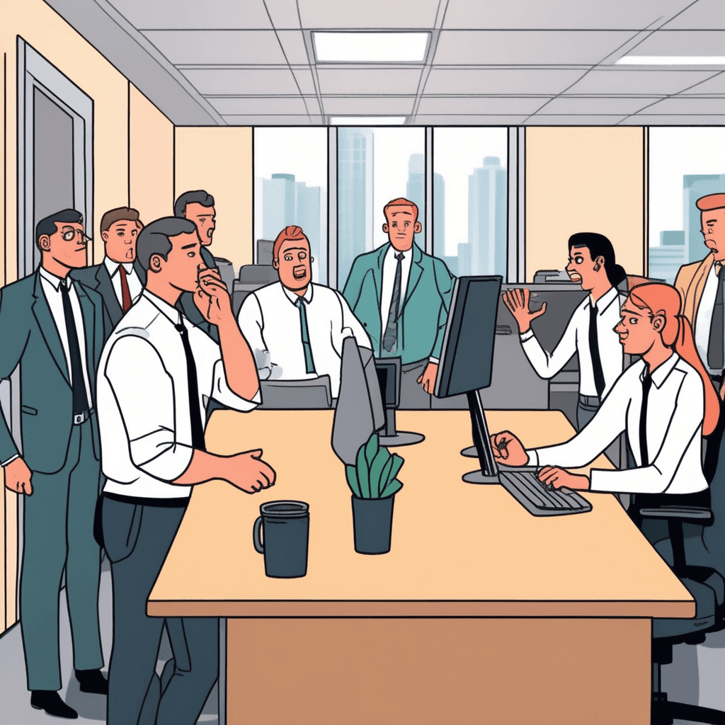 a scheming employee whispers malicious lies about a coworker to other office workers gathered around. The gossiper points toward an innocent colleague working quietly at their desk in the background. The targeted employee remains unaware while false rumors spread like wildfire through the group. Other workers lean in with shocked expressions as they hear the fabricated stories. The innocent victim's reputation gets damaged by these deliberate lies. someone making false and defamatory statements to harm another person's character