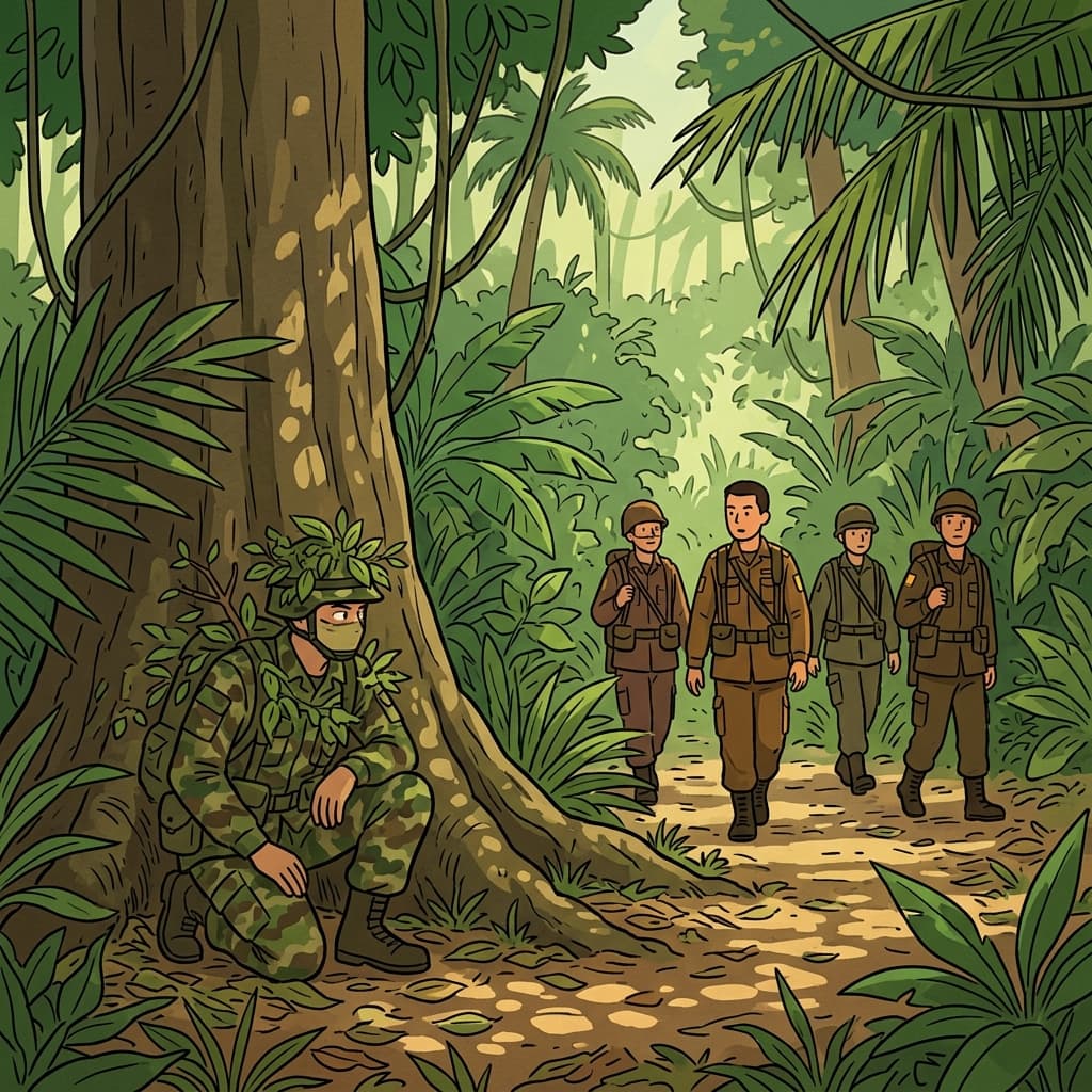 The soldier stayed camouflaged against the jungle leaves, invisible to passing patrols.
