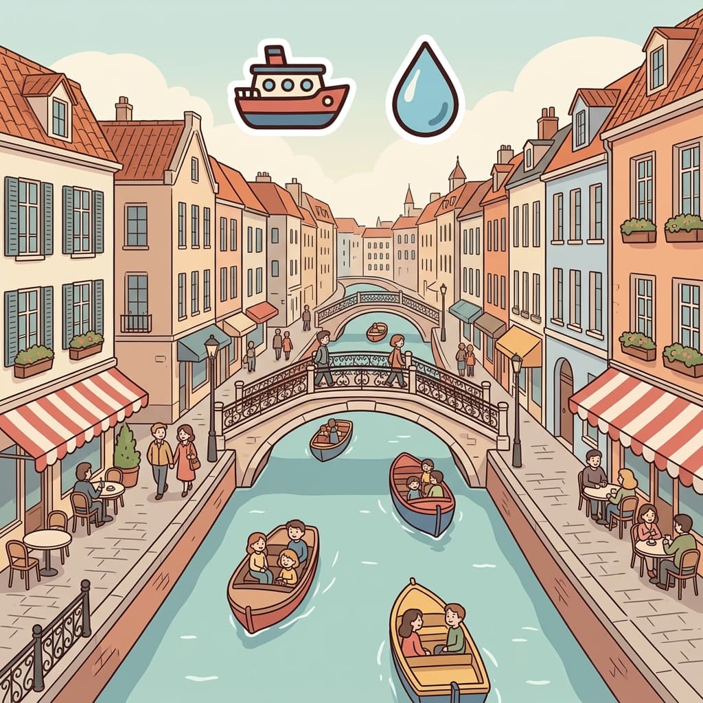 The canal carried boats through the city. (🚢 Boat + 💧 Waterway → Canal)