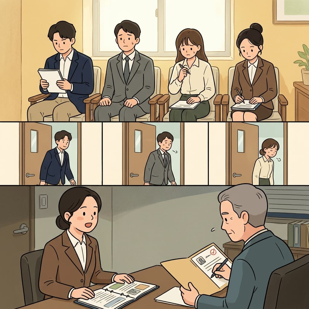 The candidates waited nervously and entered the interview room one by one.