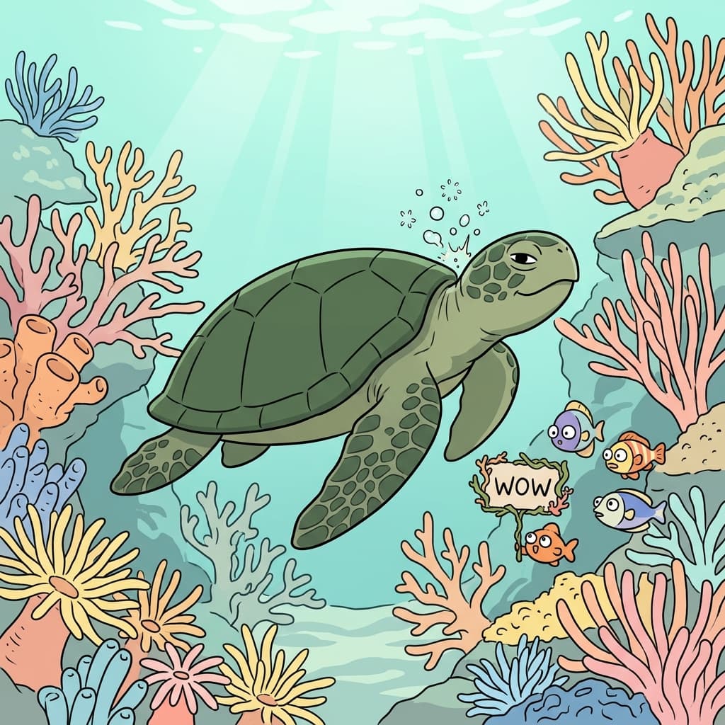 The sea turtle's thick carapace protects it from sharp coral as it glides past.