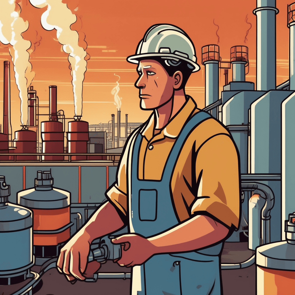 a factory worker handles containers of toxic chemicals without proper protection while dark fumes rise around him. The worker breathes in the dangerous vapors as warning symbols appear on the chemical barrels nearby. Over time, the toxic exposure begins affecting his health as he starts coughing from the harmful substances. Other workers in the background also show signs of illness from long-term chemical exposure. A supervisor points at safety equipment that should have been used to prevent contamination. substances having the potential to cause cancer through dangerous exposure