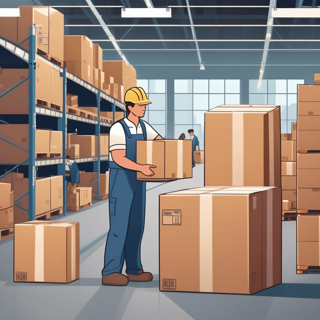 a warehouse worker carefully lifts a large brown box made of thick, layered material. The box shows visible corrugated edges where multiple paper layers are pressed together. As the worker moves the sturdy container, another employee nearby assembles a flat piece into box shape by folding the rigid material. The thick paper walls of various boxes stack around them, showing the strong, stiff construction. Other workers load similar brown containers onto delivery trucks in the background. thick, stiff paper made from layers of paper pulp used for making boxes and containers