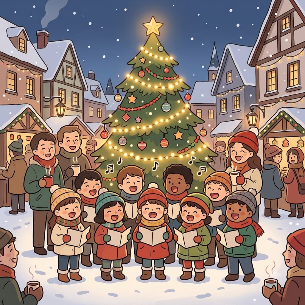 Children happily sang Christmas carols around the tree.