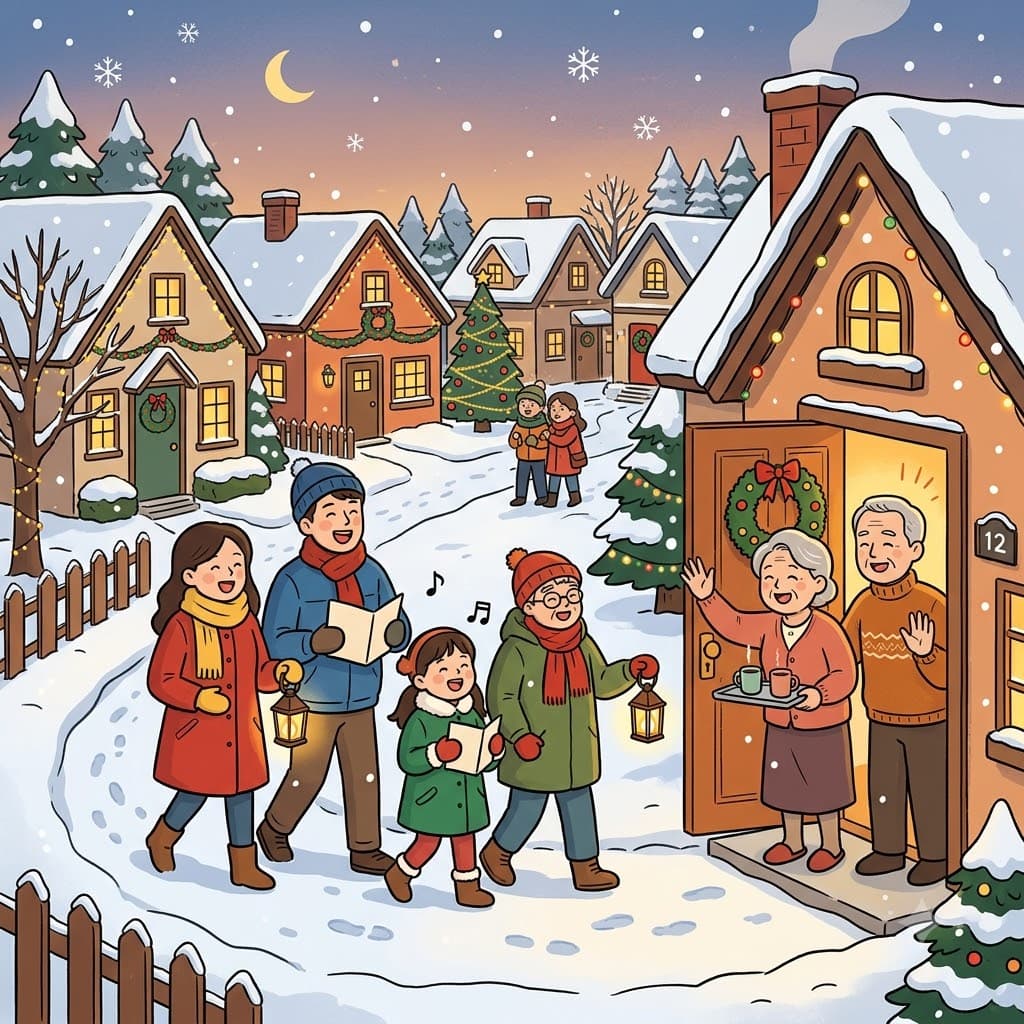 The neighborhood gathered to sing carols on Christmas Eve.