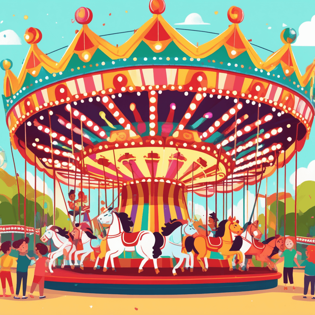 excited children sit on painted horses that move up and down as they spin in circles. Their faces beam with joy as they hold onto the decorated poles attached to their horses. The entire circular platform rotates steadily, carrying all the riders around in a continuous motion. Colorful lights flash around the ornate top canopy while cheerful music seems to play. Parents wave from the side while other children wait in line for their turn. a revolving machine with seats for children to ride on, typically found at fairgrounds