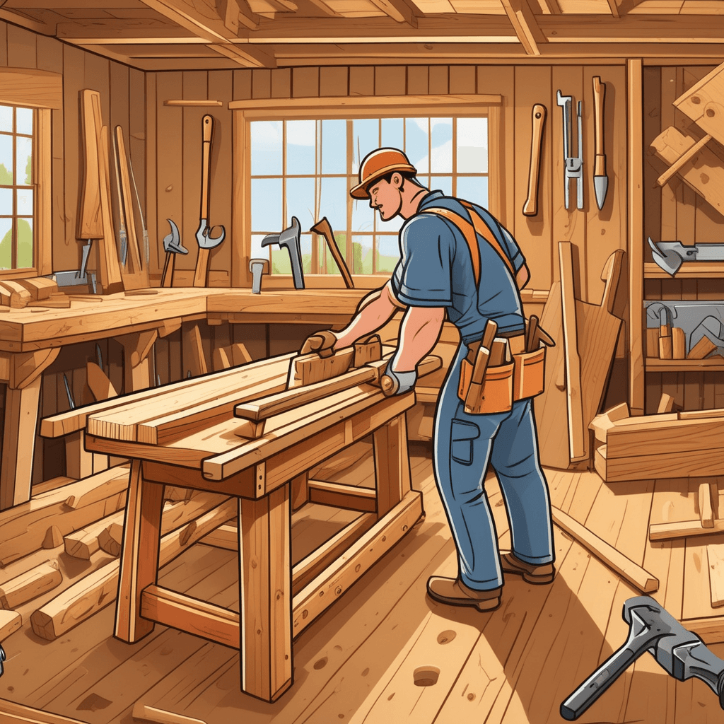 a skilled carpenter grips a wooden-handled hammer while positioning a chisel against a piece of oak wood. He strikes the chisel precisely to carve out a joint for furniture making. Wood shavings fly away from the impact point as the chisel cuts deeper into the grain. A hand saw, measuring square, and plane lie within arm's reach on the workbench surface. His apprentice watches nearby, holding a level and sandpaper, learning the proper technique. various instruments and devices used in woodworking and construction by carpenters